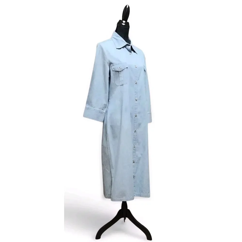J Peterman Company Modest Size 12 Light Blue Cotton Button-Up Denim Shirt Dress - Picture 5 of 8